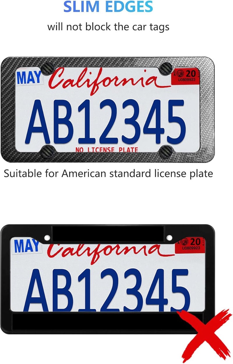 FBJTDQ Carbon Fiber License Plate Frames- Black Plastic Car Tag Holder, 2 Pack 4 Hole Slim Edge Front Rear Bracket with Screw Caps and Car Door Handle Stickers - Image 3
